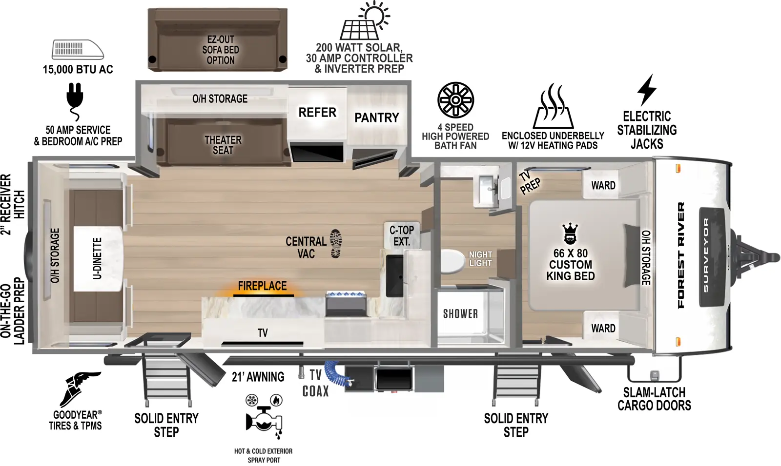 The Grand Surveyor 253RLS floorplan has two entries and one slide out. Exterior features include: fiberglass exterior, 21' awning and outside kitchen. Interiors features include: u-dinette, front bedroom and pass through bathroom.